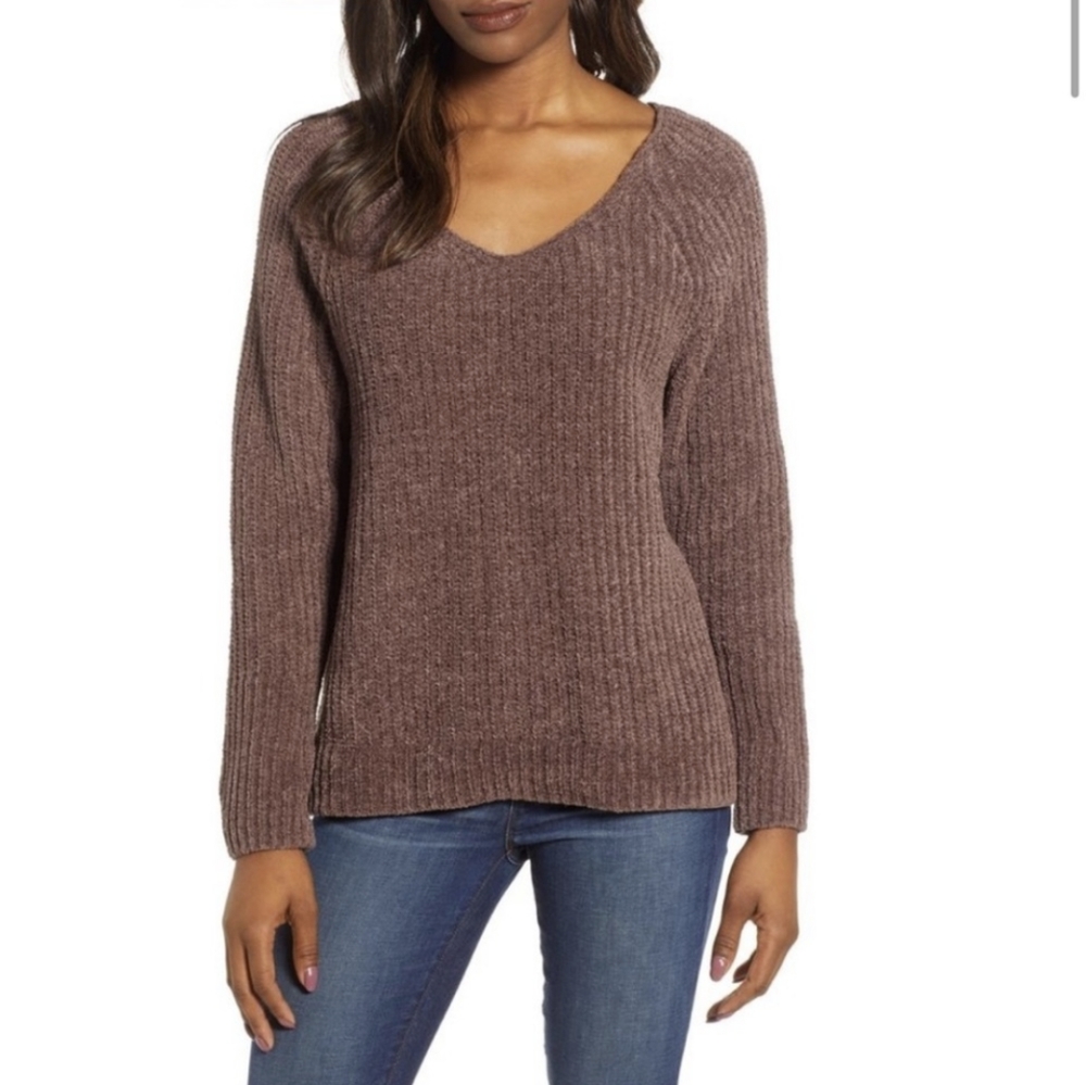 Lucky Brand Chenille Sweater Chunky Ribbed V-neck Boxy Oversized Fit Brown Large